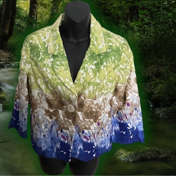 🔥 COLDWATER Creek 100% Cotton Painted Floral Ombre Blazer Jacket Women's sz 4 - Picture 3 of 16